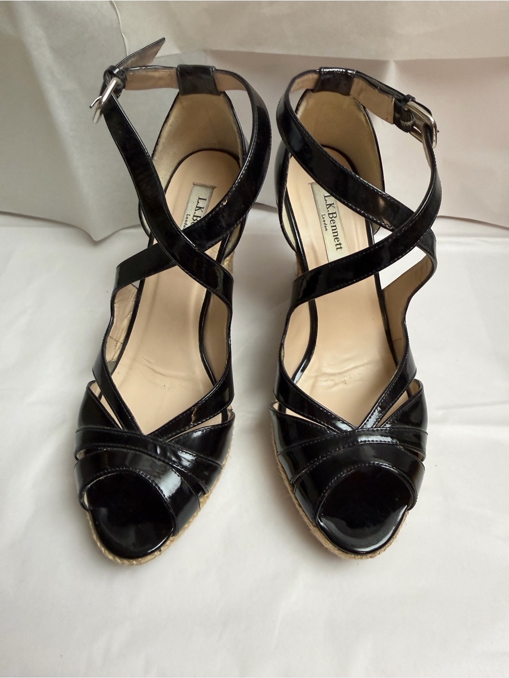 LK Bennett Black Patent Leather Crisscross Wedge Sandals